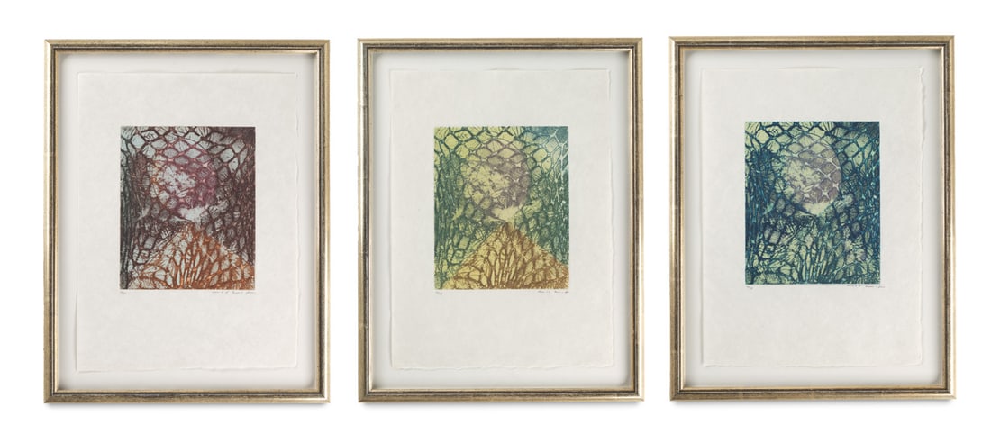 Max Ernst 3 Farbaquatintaradierungen. In: Samuel Beckett. Aus einem aufgegebenen Werk. 1967. - Je: SurrealismMax Ernst3 Farbaquatintaradierungen. In: Samuel Beckett. Aus einem aufgegebenen Werk. 1967. - Je Farbaquatintaradierung auf Kozu-Japan. Je ca. 20,5 x 17 cm (37,7 x 27,7 cm). Je signiert und