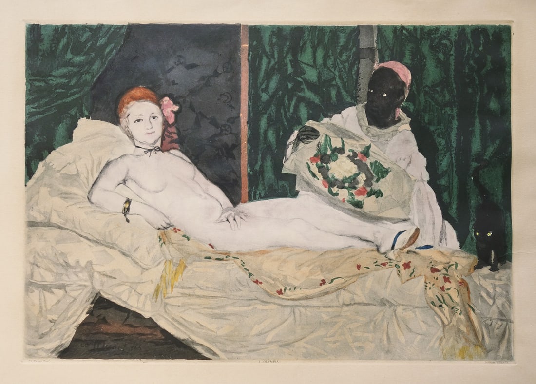 (d.i. Gaston Duchamp), Jacques Villo L'Olympia, d'après Edouard Manet. 1926/27.: Fin de Siecle(d.i. Gaston Duchamp), Jacques VilloL'Olympia, d'après Edouard Manet. 1926/27. Kaltnadelradierung mit Farbaquatinta auf Velin. 40,5 x 57,8 (50 x 67,5 cm). Mit typographischer Bezeich