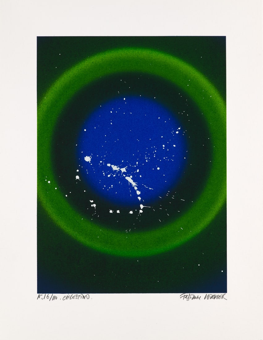 Fabienne Verdier Celestino. 2024. Farbsiebdruck in Smaragd, Moos- und Laubgrün und Lichtblau: Contemporary ArtFabienne VerdierCelestino. 2024. Farbsiebdruck in Smaragd, Moos- und Laubgrün und Lichtblau mit emailweißer Deckung auf Velin. Signiert, datiert und bezeichnet. 34,4 x 25,3 c