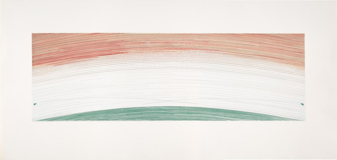 Ed Ruscha Two Jumping Fish. 1980. Farbradierung auf R.K. Burt Velin (mit dem Trockenstempel). 26 x: American Post WarEd RuschaTwo Jumping Fish. 1980. Farbradierung auf R.K. Burt Velin (mit dem Trockenstempel). 26 x 80 cm (59 x 99,5 cm). Signiert, datiert und nummeriert. - Am unteren Rand rechts ein