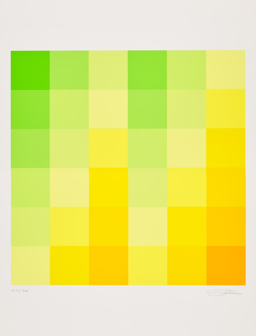 Richard Paul Lohse Sechs vertikale systematische Farbreihen von Grün zu Gelb, aus: Graphikmappe: Online - Modern and Contemporary ArtRichard Paul LohseSechs vertikale systematische Farbreihen von Grün zu Gelb, aus: Graphikmappe des Schweizerischen Kunstvereins. 1970. Farbserigraphie auf Veli