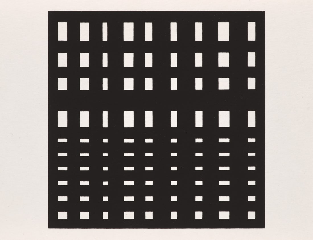 Aurélie Nemours o.T. (Toccata I). 1974. Serigraphie auf leichtem Velinkarton im Doppelblatt.: Online - Modern and Contemporary ArtAurélie Nemourso.T. (Toccata I). 1974. Serigraphie auf leichtem Velinkarton im Doppelblatt. 10,2 x 10 cm (11,5 x 16 cm unaufgefaltet). Verso mit typogr. Bezeic