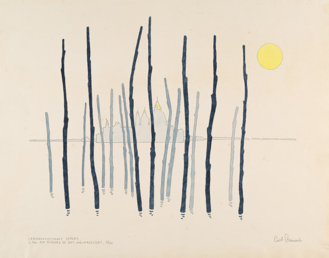 Curt Stenvert Lagunenlandschaft Venedig. Lithographie handaquarelliert auf Richard de Bas Bü: Online - Modern and Contemporary ArtCurt StenvertLagunenlandschaft Venedig. Lithographie handaquarelliert auf Richard de Bas Bütten (mit Wz.) 38,5 x 52 cm (50 x 66 cm). Signiert, nummeriert und b