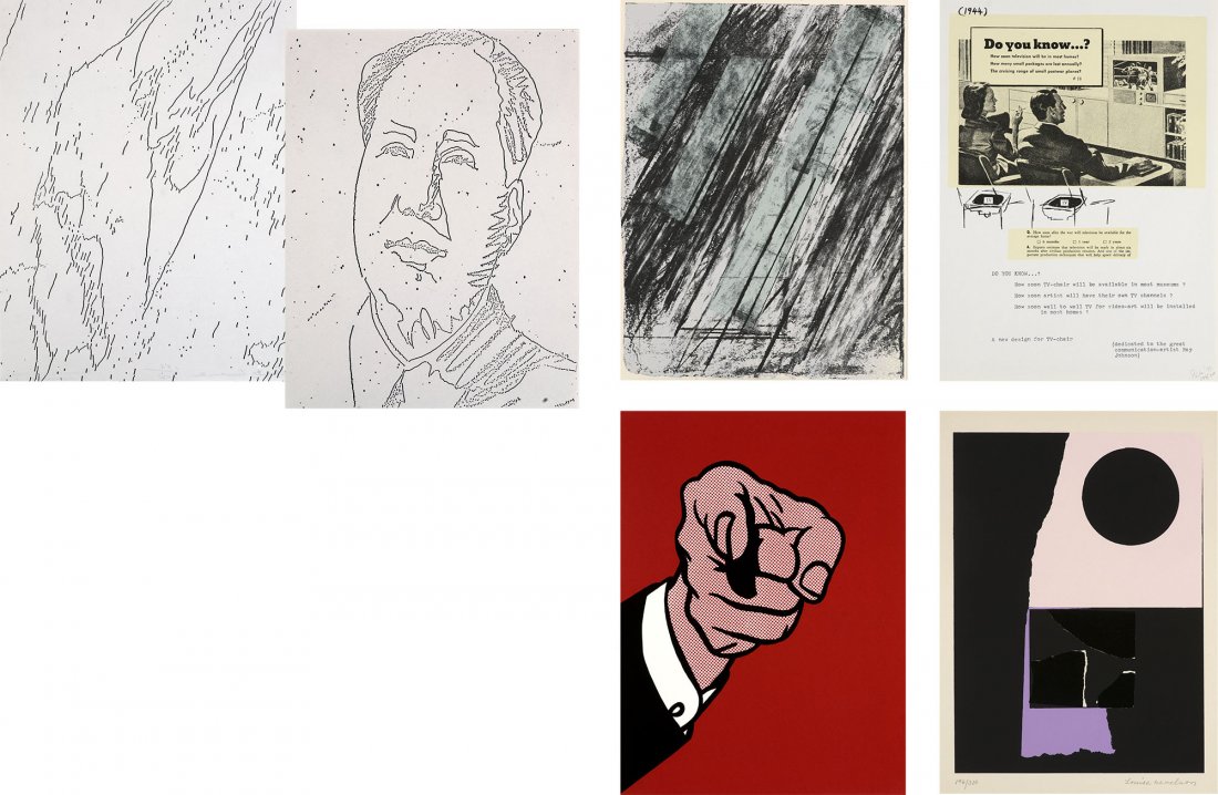 New York Collection Warhol Lichtenstein Twombly Pop Art: The New York Collection for Stockholm. 30 Drucke + 1 zusätzl. Druck, Multiple und Fotografien verschiedener Künstler. New York, Experiments in Art and Technology, 1973. 4° (31 x 23,5 cm). Beidseiti