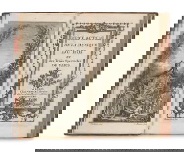 État actuel de la Musique du Roi et des Trois Spectacles de Paris. Mit gestochenem Frontispiz,: Frankreich État actuel de la Musique du Roi et des Trois Spectacles de Paris. Mit gestochenem Frontispiz, gestochenem Titelblatt und 4 gestochenen Tafeln. Paris, chez Vente, 1770. 10 Bll., S. 1-2
