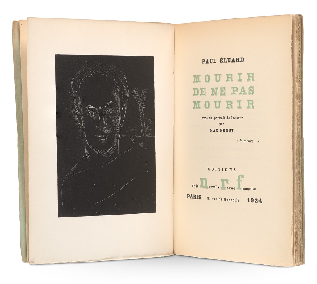 Éluard, Paul Mourir de ne pas mourir. Mit einer Frontispiz-Lithographie von Max Ernst. Paris,: Ernst, Max Éluard, Paul Mourir de ne pas mourir. Mit einer Frontispiz-Lithographie von Max Ernst. Paris, Éditions de la Nouvelle revue française, 1924. 60 S. OPapiereinband. (etwas verf