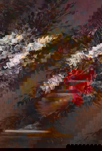 Wolfrom, Friedrich Ernst Blumenstillleben. 1917. Öl auf Malkarton. 71 x 49 cm. Signiert und: Blumen Wolfrom, Friedrich Ernst Blumenstillleben. 1917. &#214;l auf Malkarton. 71 x 49 cm. Signiert und datiert. In goldfarbenem Rahmen gerahmt. Das &#252;ppige Blumenarrangement entfaltet sich in ein