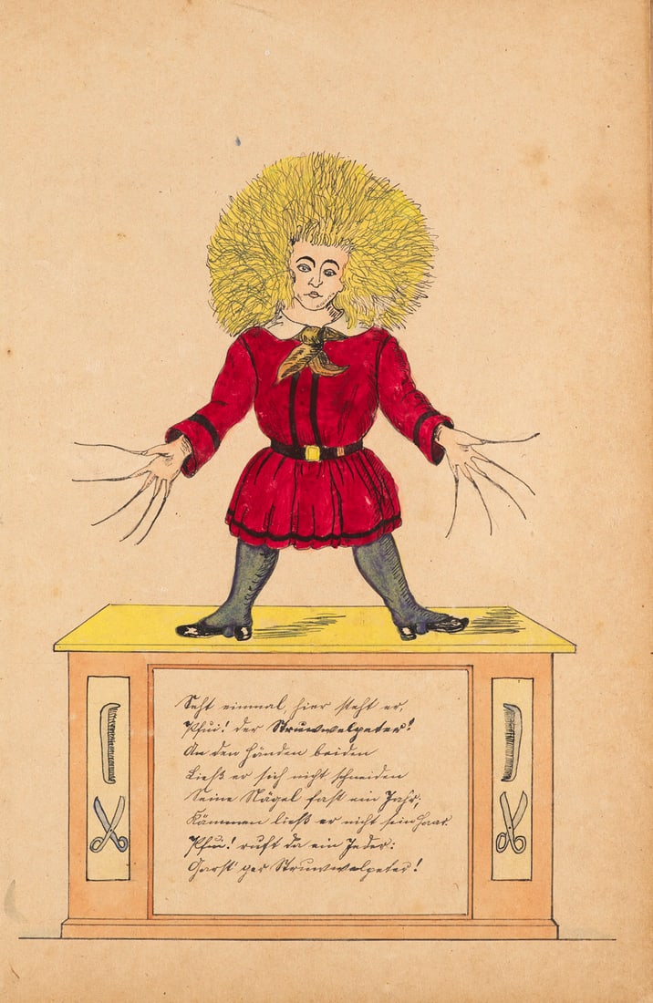 Heinrich Hoffmann Struwwelpeter. Mit handgezeichneten und colorierten Illustrationen nach Hoffmann.: Hoffmann, HeinrichStruwwelpeter. Mit handgezeichneten und colorierten Illustrationen nach Hoffmann. o.O., 1924. 12 Bll. HLwd. d. Zt. (berieben und bestoßen, leichte Wasserschäden, Gelenke te