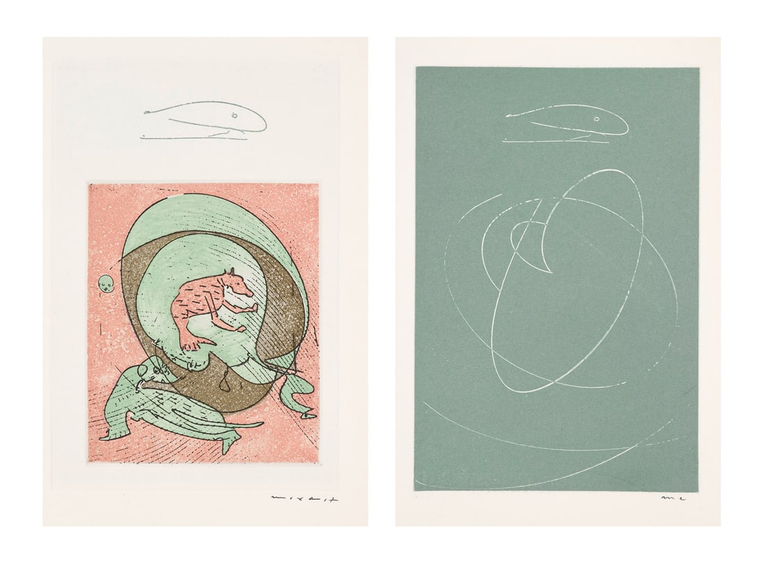 Max Ernst Le musée de l'homme suivi de la pêche au soleil levant. Mit 2 (1: Ernst, MaxLe musée de l'homme suivi de la pêche au soleil levant. Mit 2 (1 monogrammierter, 1 sign.) OFarbradierung sowie 15 (von 16) (dav. 13 von 14 farb. u. mont.) Tafeln. (Paris), Galerie