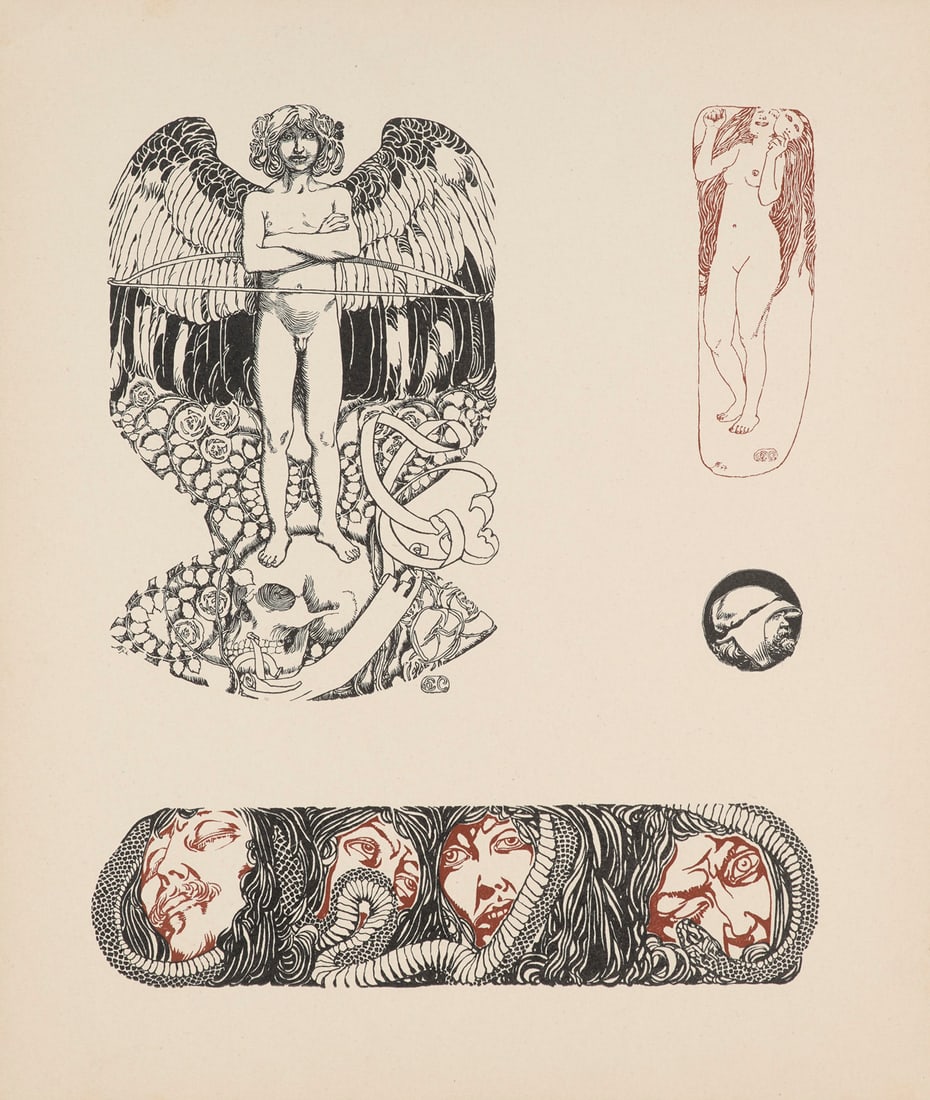 Carl Otto Czeschka Allerlei Gedanken in Vignettenform. (= Die Quelle, hg. v. Martin Gerlach, I).: Jugendstil - Wiener JugendstilCzeschka, Carl OttoAllerlei Gedanken in Vignettenform. (= Die Quelle, hg. v. Martin Gerlach, I). Illustriertes Titelblatt und 29 Tafeln in Farblithographie. Wien, Gerlach