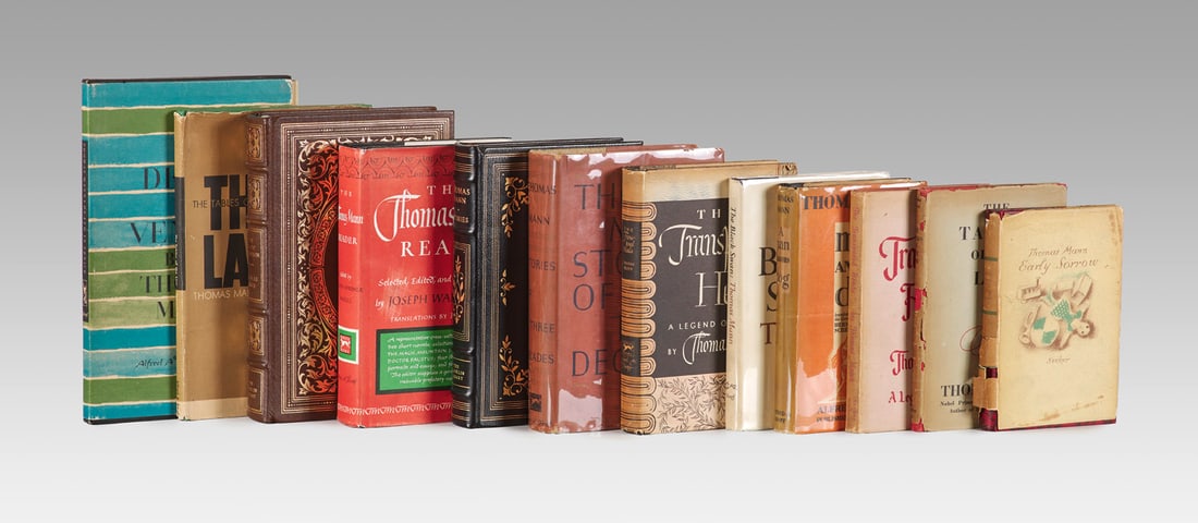 Thomas Mann Sammlung von 12 englischsprachigen Werken von Thomas Mann. 1929-1981. Versch. Formate u.: Mann, ThomasSammlung von 12 englischsprachigen Werken von Thomas Mann. 1929-1981. Versch. Formate u. OEinbände, tls. in OUmschlag sowie OSchuber (die Umschläge je etw. stärker gebrauchs