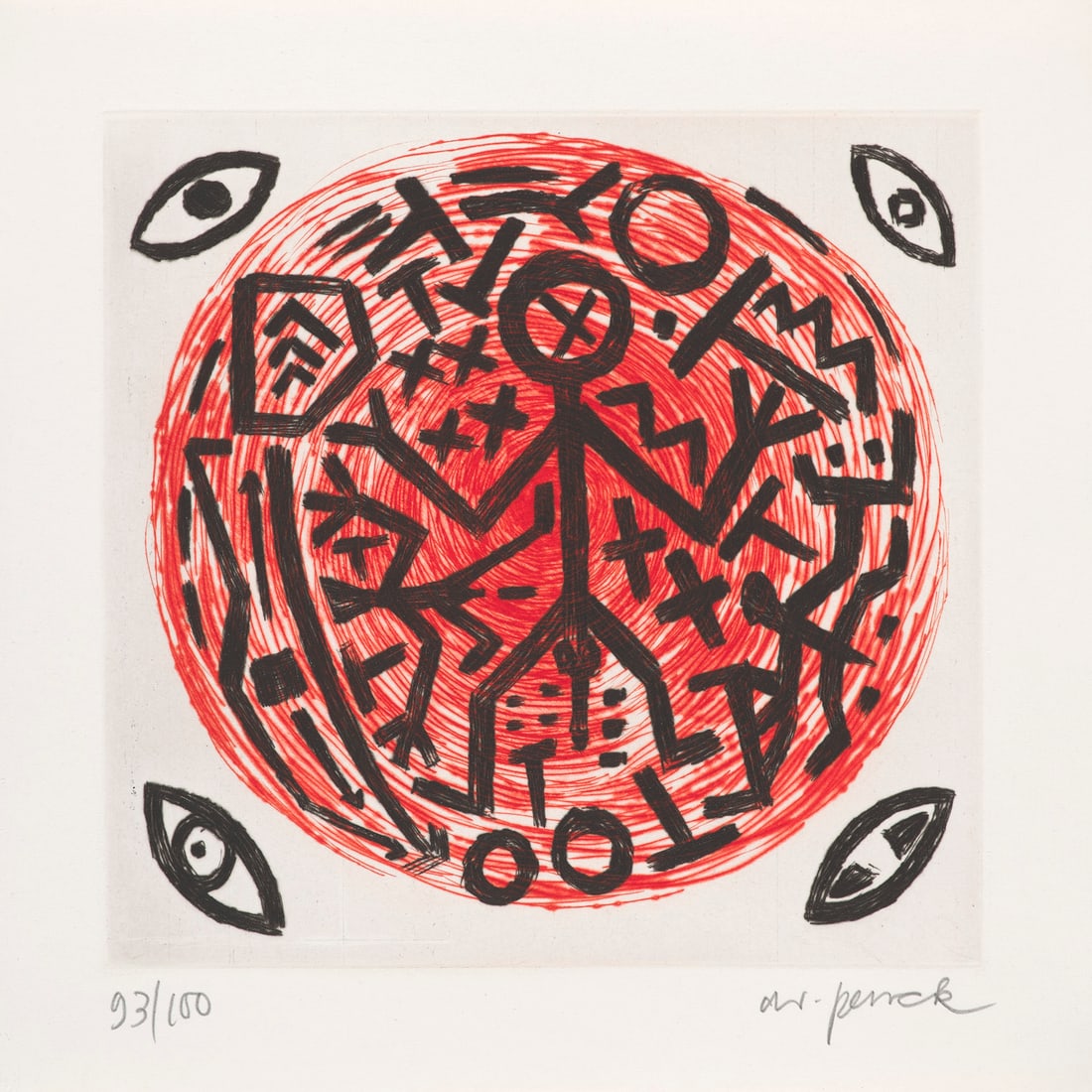 A.R. Penck Konzert Hamburg. Mit je einer signierten Original-Farbradierung von A.R. Penck und Helge: Penck, A.R.Konzert Hamburg. Mit je einer signierten Original-Farbradierung von A.R. Penck und Helge Leiberg sowie einer CD. Berlin, Galerie Michael Schultz, 1993. Blattmaße 29,5 x 29,5 cm. Radier