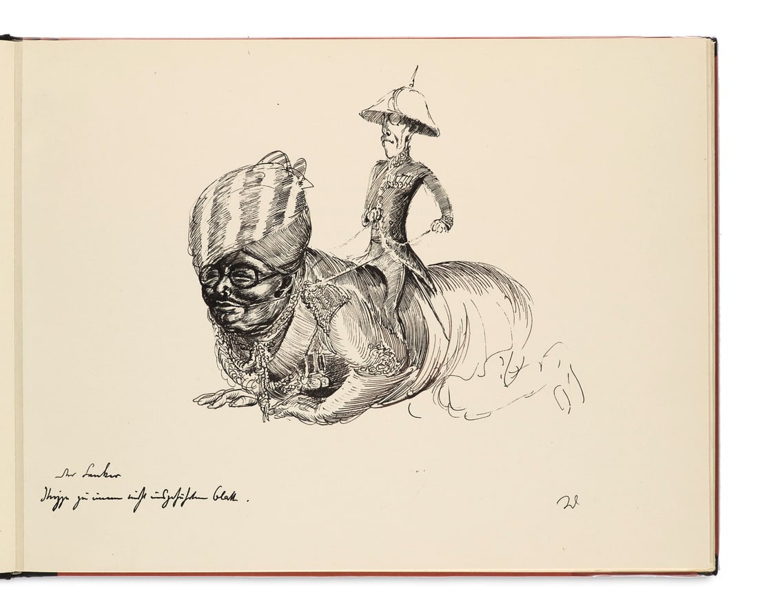 A. Paul Weber Britische Bilder. 45 politische Zeichnungen. 7 Bll. und 45 Abbildungen auf: Weber, A. PaulBritische Bilder. 45 politische Zeichnungen. 7 Bll. und 45 Abbildungen auf Tafelseiten. Qu.-Gr.-Folio. Berlin, Nibelungen-Verlag, 1941. Orig.-Halblederband mit Vergoldung und goldgepr