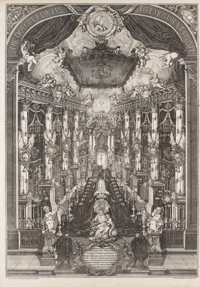 Johann Martin Bernigeroth Honori et Memoriae Serenissimi Principis Christiani Augusti. 1750.: BarockBernigeroth, Johann MartinHonori et Memoriae Serenissimi Principis Christiani Augusti. 1750. Kupferstich auf Bütten. 70 x 49 cm (73,5 x 51 cm). In der Platte u.re. bezeichnet "J.M.Bernigero