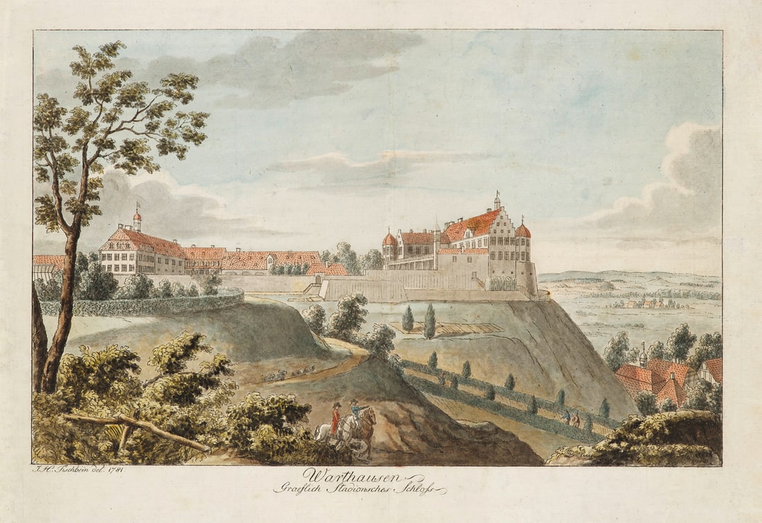 Johann Heinrich Tischbein Warthausen. Graeflich Stadionsches Schloss. 1781. Aquarellierte: Baden-WürttembergTischbein, Johann HeinrichWarthausen. Graeflich Stadionsches Schloss. 1781. Aquarellierte Umrissradierung auf Bütten. 25 x 37 cm (31 x 41,5 cm). Unterhalb des Motivs mit ges