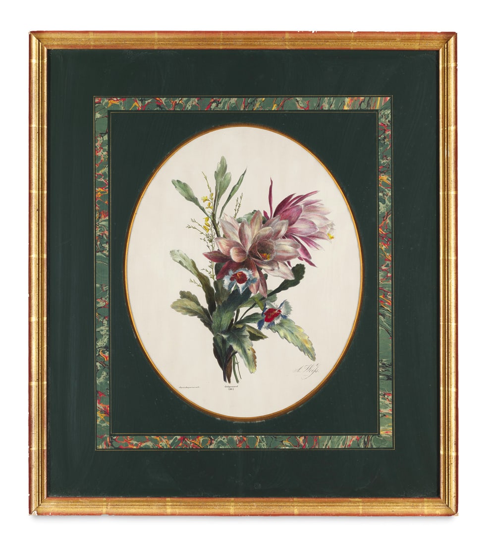 Anton Weiss Blumenstrauß. Um 1840. Orig. Farblithographie. 36 x 29 cm. Unter mit marmorierter: BotanikWeiss, AntonBlumenstrauß. Um 1840. Orig. Farblithographie. 36 x 29 cm. Unter mit marmorierter Borte verziertem Passepartout montiert und hinter Glas gerahmt ungeöffent).Herausgegeben