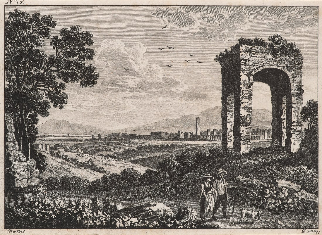 Balthasar Anton Dunker Sammlung von zwei Kupferstichen von Balthasar Dunker nach Jakob Philip: Dunker, Balthasar AntonSammlung von zwei Kupferstichen von Balthasar Dunker nach Jakob Philip Hackert. Spätes 18. Jahrhundert. Kupferstiche auf festem Velin. 10 x 14 cm. Partiell unter Passeparto