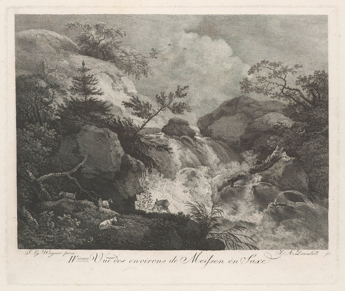 Johann Georg Wagner Malerische Ansichten aus der Umgebung von Meißen/Vue des environs de: SachsenWagner, Johann GeorgMalerische Ansichten aus der Umgebung von Meißen/Vue des environs de Meißen en Saxe. Sammlung von 6 OKupferstichen. Dresden, Jean Gabriel Möller, um 1784. Je