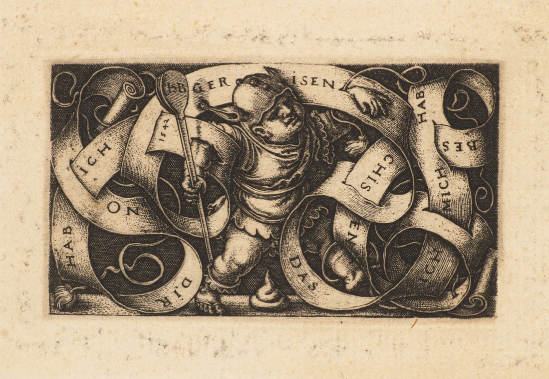 Hans Sebald Beham Der kleine Narr. 1542. Kupferstich auf Bütten. 7 x 10,5 cm (16 x 24 cm). In: Beham, Hans SebaldDer kleine Narr. 1542. Kupferstich auf Bütten. 7 x 10,5 cm (16 x 24 cm). In der Plattte monogrammiert und datiert. Ganzflächig auf Papier aufgezogen.Kleinformatiger Kupfers