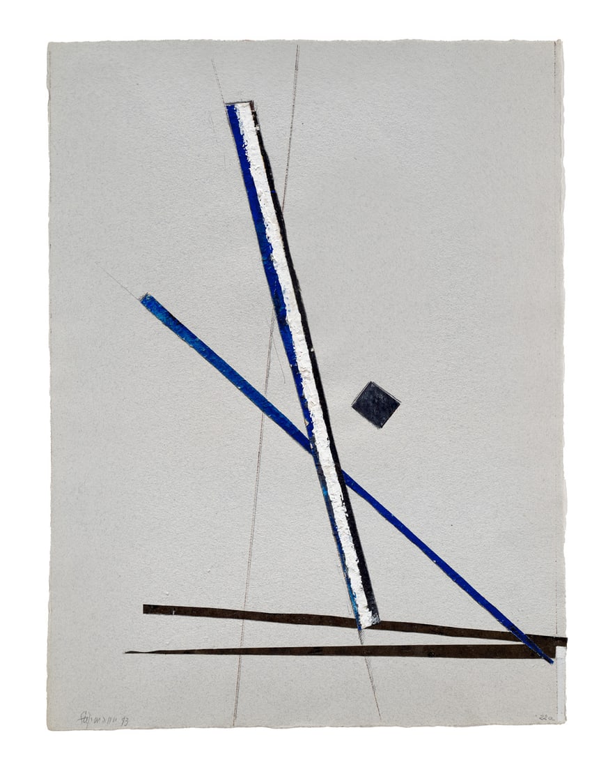Siepmann, Heinrich o.T. (Konkrete Komposition/22a). 1993. Mischtechnik mit Blei- und Buntstift,: Siepmann, Heinrich o.T. (Konkrete Komposition/22a). 1993. Mischtechnik mit Blei- und Buntstift, Acryl, Aquarell und Collage auf blaugrauem, grobfaserigen Velin. 65,4 x 69,5 cm. Signiert und datiert so