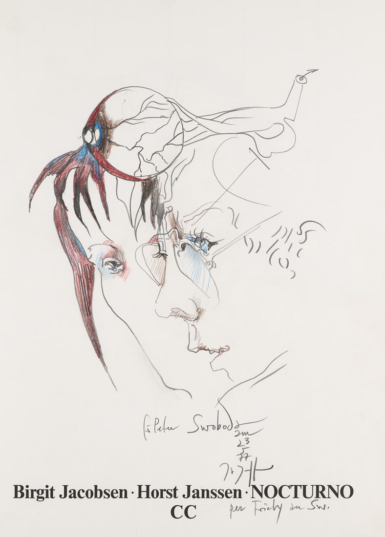 Janssen, Horst Selbstbildnis des Künstlers sowie Porträt von Birgit Jacobsen. In: Birgit: Janssen, Horst Selbstbildnis des Künstlers sowie Porträt von Birgit Jacobsen. In: Birgit Jacobsen, Horst Janssen: Nocturno, 1977. Zeichnung in Blei- und Buntstift. 39,8 x 28,8 cm. Monogrammi