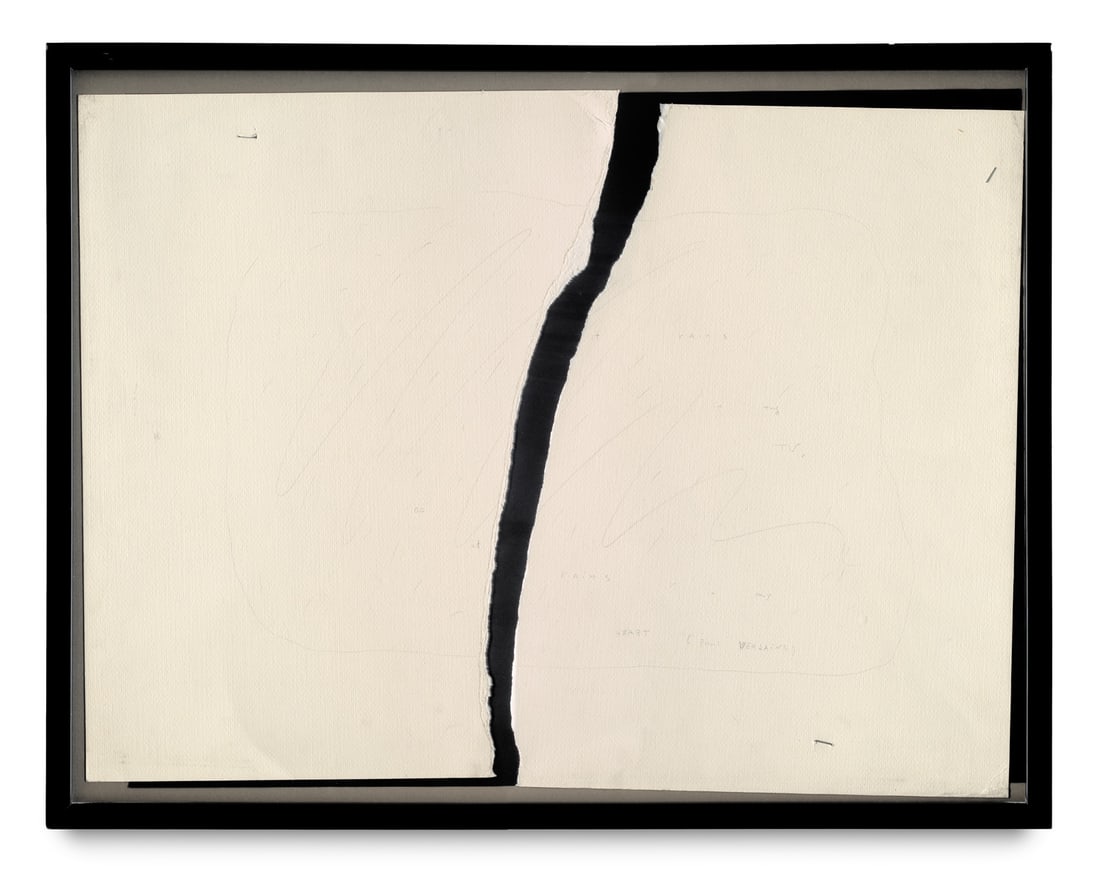 Paik, Nam June o.T. (it rains in my TV, as it rains in my HEART). 1972/74. Collage. Leicht genarbtes: Paik, Nam June o.T. (it rains in my TV, as it rains in my HEART). 1972/74. Collage. Leicht genarbtes Velin zerissen und mit drei Tackernadeln auf schwarzes Velin collagiert. Mit feiner Bleistiftzeichn