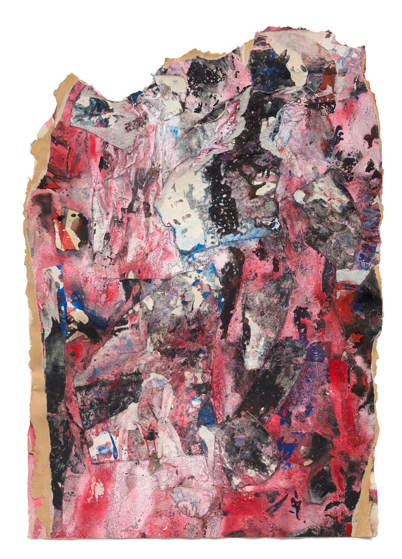 Thieler, Fred Ohne Titel. 1964. Mischtechnik und Collage auf Velin. 95 x 67,5 cm. Signiert und: Thieler, Fred Ohne Titel. 1964. Mischtechnik und Collage auf Velin. 95 x 67,5 cm. Signiert und datiert. Auf Unterlage montiert und in Passepartout freigestellt. - Werkimmanente Unregelmäßigk