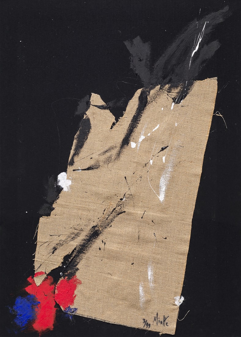 Miotte, Jean o.T. (Abstrakte Komposition). Um 1990. Collage mit Acryl auf schwarzem Leinen über: Miotte, Jean o.T. (Abstrakte Komposition). Um 1990. Collage mit Acryl auf schwarzem Leinen über Karton gespannt. Signiert und nummeriert. - Mit leichter Oberflächenanstaubung, auch verso. In