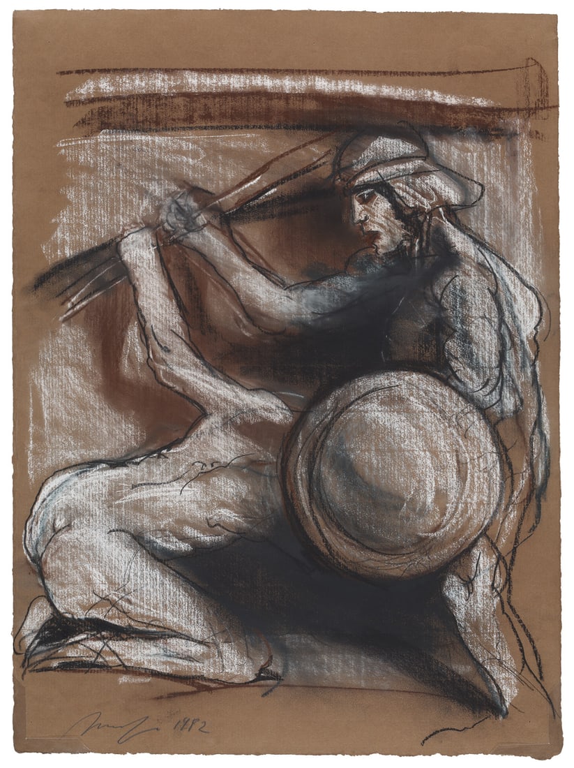 Hrdlicka, Alfred Entwurf zum Antikenporno V. 1982. Kohle und farbige Kreide auf braunem Fabriano (1 of 1)