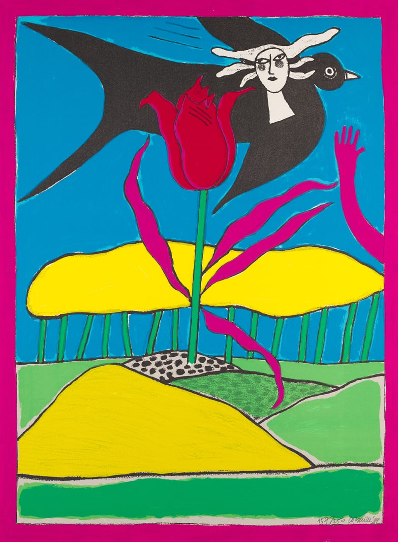 Corneille (Guillaume Cornelis van Beverloo) o.T. (Däumelinchen). 1999. Farblithographie auf: Corneille (Guillaume Cornelis van Beverloo) o.T. (Däumelinchen). 1999. Farblithographie auf Arches Velin (mit Wz). 76 x 56,5 cm. Signiert, datiert und nummeriert. - Verso etwas farbspurig und ver