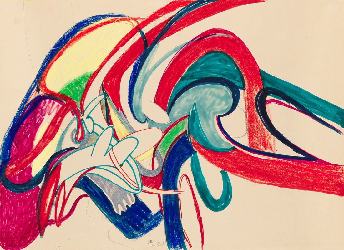 Bachmayer, Hans Matthäus o.T. (abstrakte Komposition). 1968. Mischtechnik mit Collage,: Bachmayer, Hans Matthäus o.T. (abstrakte Komposition). 1968. Mischtechnik mit Collage, Aquarell, Pastell, Faserstift und Bleistift auf Velin. Monogrammiert und datiert. Verso zusätzlich sign