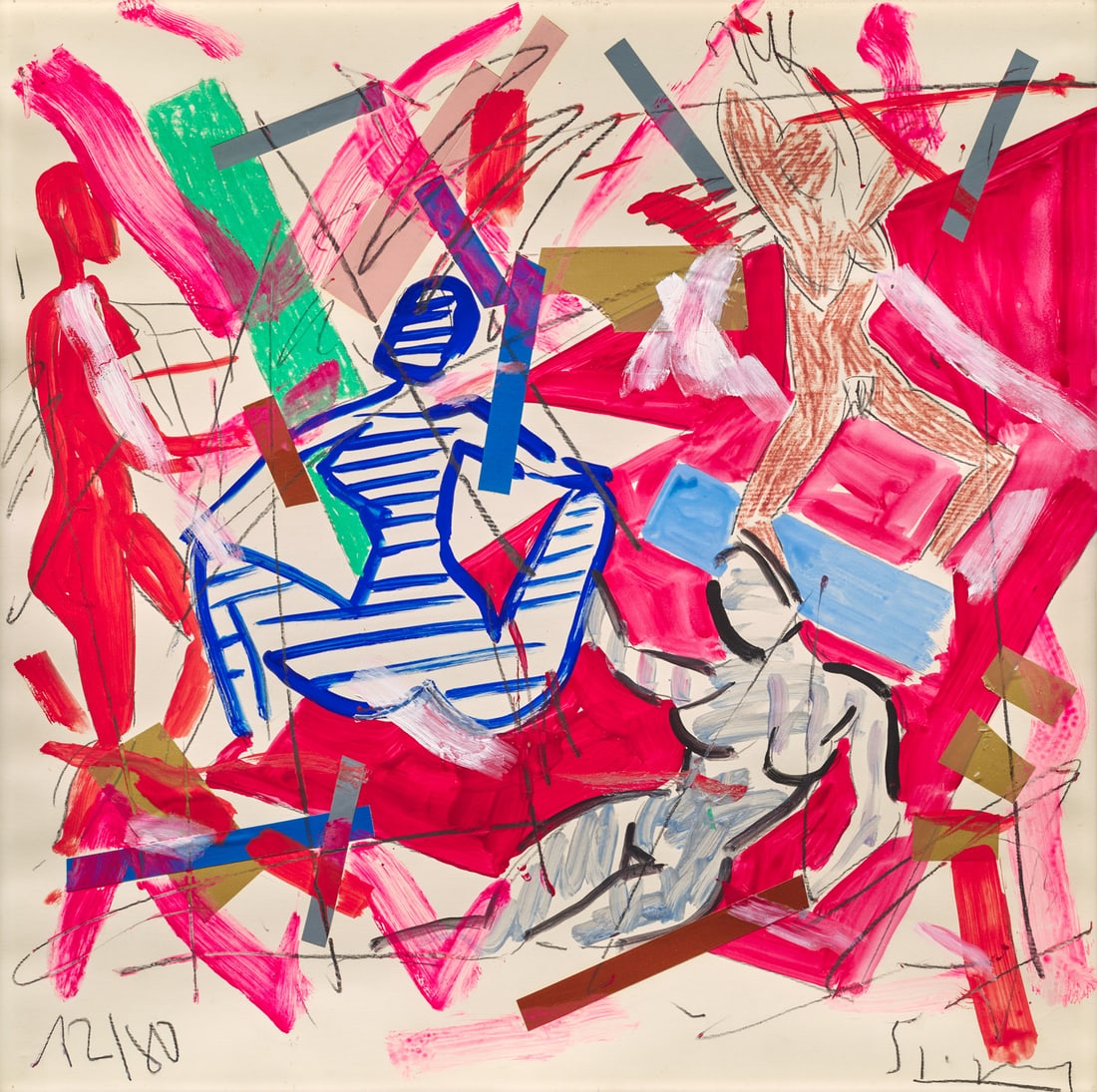 Szczesny, Stefan O.T. 1980. Mischtechnik und Collage auf Velin. 64 x 64 cm. Signiert und datiert.: Szczesny, Stefan O.T. 1980. Mischtechnik und Collage auf Velin. 64 x 64 cm. Signiert und datiert. Punktuell auf Unterlage montiert und hinter Glas gerahmt. Papier technikbedingt leicht gewellt, verein