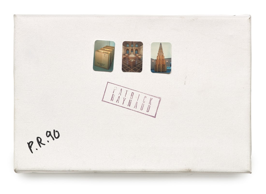 Raynaud, Patrick o.T. 1990. Collage. Leinwand auf Keilrahmen mit 3 montierten Photographien. Mit: Raynaud, Patrick o.T. 1990. Collage. Leinwand auf Keilrahmen mit 3 montierten Photographien. Mit Stempel "Patrick Raynaud". Verso mit 3 werkimmanenten Ausstellungs- und Transportetiketten von Arbeiten