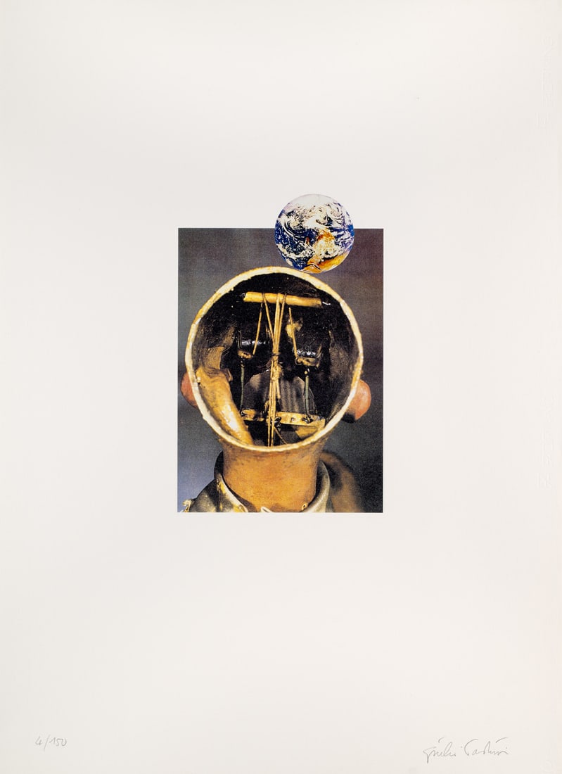 Paolini, Giulio Il sole nero (dal mondo degli automi). 1993. Offset-Lithographie, Serigraphie und: Paolini, Giulio Il sole nero (dal mondo degli automi). 1993. Offset-Lithographie, Serigraphie und Collage auf festem Fabriano Velin (mit Wz.). 31 x 19,8 cm (75,8 x 55 cm). Signiert und nummeriert. - D