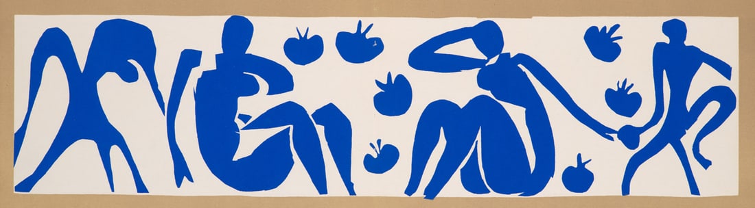 Matisse, nach Henri Femmes et Singes. 1958. Farblithographie auf Velin. 35,5 x 52,5 cm. - Verso mit: Matisse, nach Henri Femmes et Singes. 1958. Farblithographie auf Velin. 35,5 x 52,5 cm. - Verso mit Drucktitel. Mit Mittelfalz, dort vereinzelt mit kleinem Materialverlust. Ausgezeichneter, farbleucht