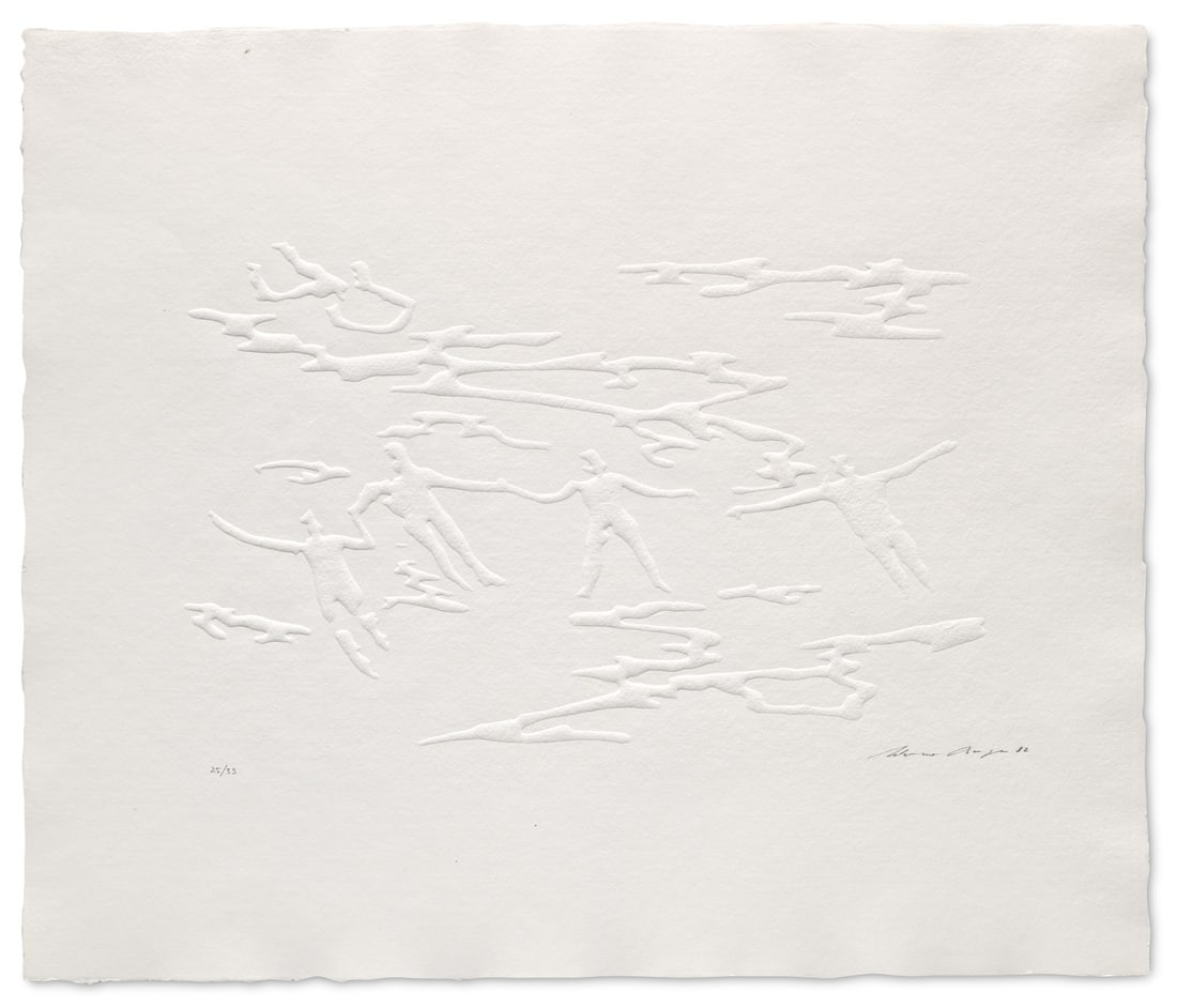 Berges, Werner Begegnungen. 1982. Prägedruck auf Velin. 26 x 40 cm (48 x 56,5 cm). Signiert,: Berges, Werner Begegnungen. 1982. Prägedruck auf Velin. 26 x 40 cm (48 x 56,5 cm). Signiert, datiert und nummeriert. - Wenige winzige, punktuelle Fleckchen. Insgesamt sehr gut und sauber. Plastis
