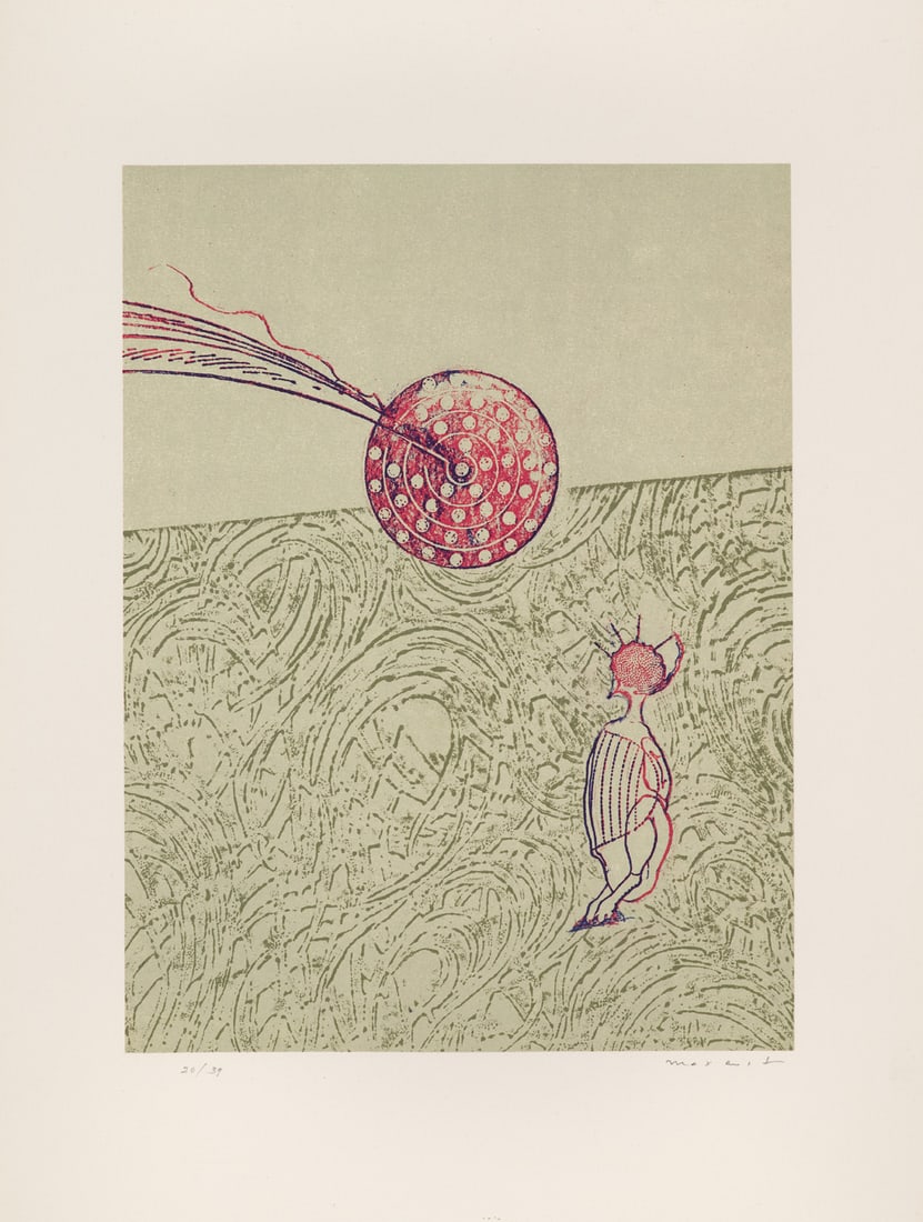 Ernst, Max Inventar und Widerspruch (Zu: Werner Spies, Max Ernst - Collagen). 1974. Farblithographie: Ernst, Max Inventar und Widerspruch (Zu: Werner Spies, Max Ernst - Collagen). 1974. Farblithographie auf Velin. 32,5 x 24,5 cm (57,5 x 34,5 cm). Signiert und nummeriert. - Im Blattrand nur minimal unf