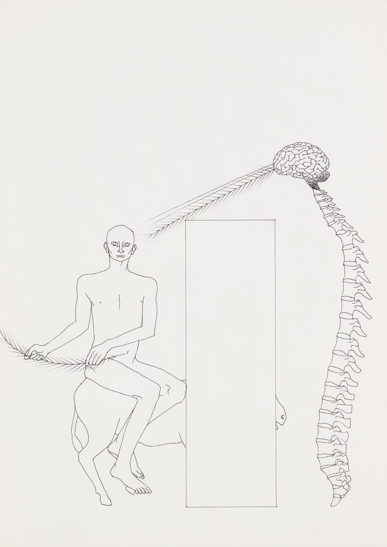 Stumpf, Manfred Ohne Titel. 1985. Federzeichnung auf dünnem Velin. 30 x 21 cm. Hinter Glas: Stumpf, Manfred Ohne Titel. 1985. Federzeichnung auf dünnem Velin. 30 x 21 cm. Hinter Glas gerahmt. - Verso mit Bezeichnung von fremder Hand in Bleistift. - Insgesamt sehr gut und tadellos.