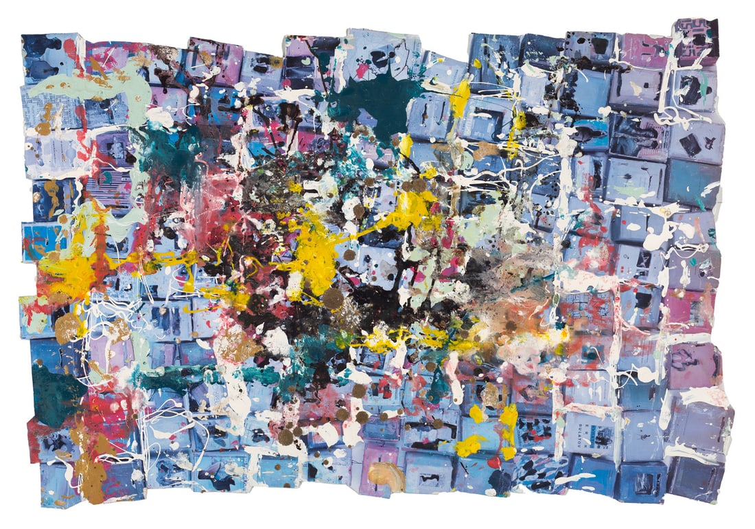 Virnich, Thomas o.T. (Plakat Bonner Kunstverein). 1993. Mischtechnik mit Collage aus Offsetdrucken: Virnich, Thomas o.T. (Plakat Bonner Kunstverein). 1993. Mischtechnik mit Collage aus Offsetdrucken überarbeitet in Acryl. 56 x 83 cm. Verso im Druck signiert und datiert. - Papierbedingt leicht g