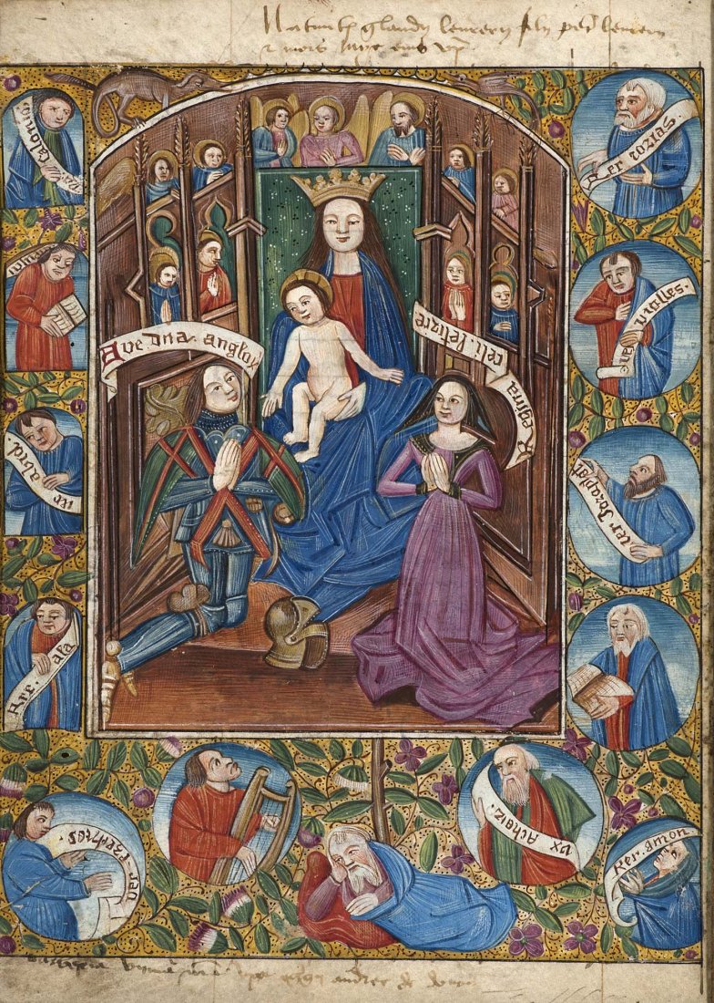 Book of Hours Leaf 15th Century Sacra conversatione: Stundenbuchblätter - - Anbetung der Maria. Großes Einzelblatt (Pergament) aus einem (wohl) niederdt. Stundenblatt, 15. Jh. Blattgr. 17 x 12 cm, Darstellung 14,3 x 12 cm mit goldfarb. Umrahmung. Die 