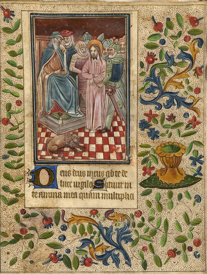 Book of Hours Leaf Jesus before Herodes 15th. century: Stundenbuchblätter - - Einzelblatt aus einem lateinischen Stundenbuch auf Pergament. Wohl Frankreich, 15. Jh. Blattgr. 16,8 x 12 cm, mit großer Miniatur 8 x 5 cm, darunter 3 Zeilen Text mit großem 