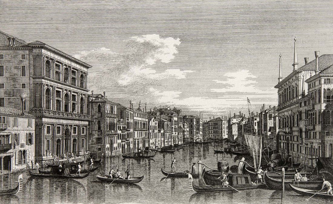 Visentini, Antonio - 8 Veduten nach Canaletto. Aus: Tre: Visentini, Antonio. 8 Veduten nach Canaletto. Aus: Trentotto Vedute della Citta di Venezia disegnate da Antonio Canaletto ed incise da Antonio Visentini. Venezia, Presso G. Battagia, MDCCCXXXIII. Radi