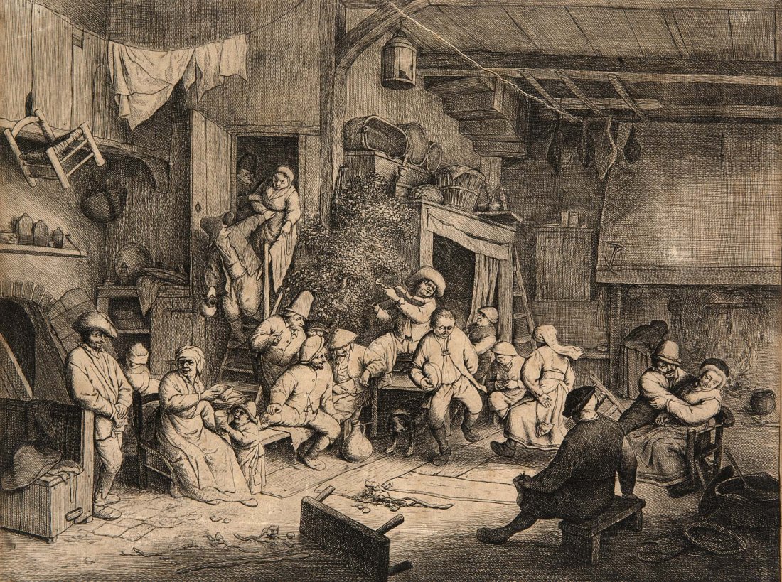 Ostade, Adriaen van - Tanz im Wirtshaus. - Radierung. C: Ostade, Adriaen van. Tanz im Wirtshaus. - Radierung. Ca. 31,5 x 25 cm. Am Rand mit "Ostade fecit et escud" bezeichnet. Bartsch 49 IX., Davidsohn VII, Godefroy, Hollstein 49 IX. Schöner Abdruck mit gu