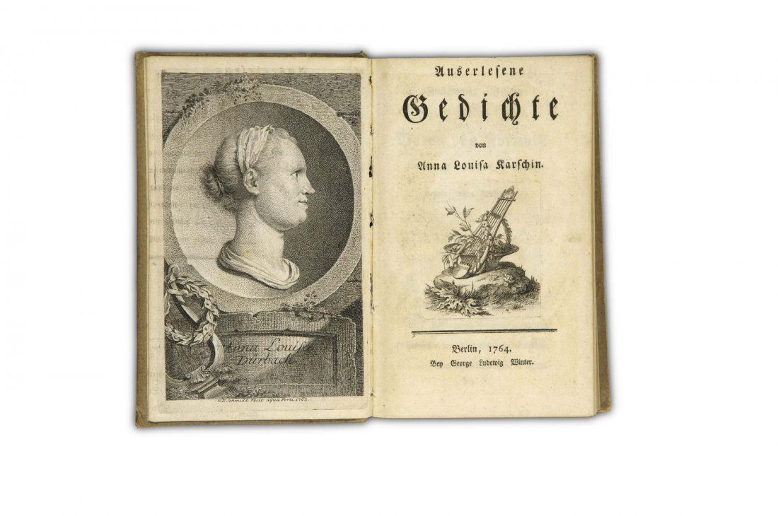 Karschin, Anna Luisa - Auserlesene Gedichte. Mit gestoc: Karschin, Anna Luisa. Auserlesene Gedichte. Mit gestoch. Porträt von G. F. Schmidt, Titelvignette u. 14 gest. Kupfervignetten v. J. W. Meil u. zahlr. Holzschn.-Vignetten. Berlin, G.L. Winter, 1764. X