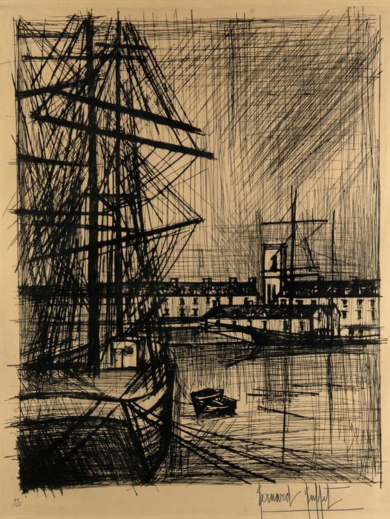 Buffet, Terre Neuvas, Kaltnade: Buffet, Terre Neuvas, Kaltnade - Buffet, BernardRheims 56. - Exemplar 75/100. - Dry point etching on solid Arches Velin. Signed and numbered. - The passepartout-cutout browned and faded. Framed under 