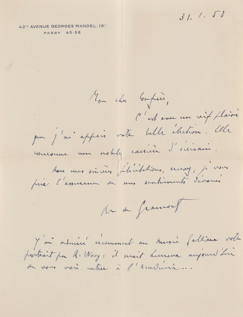 Gramont, Armand Antoine, XII. Duc de (1879-1962). Brief an Fernand Gregh mit Unterschrift im Kuvert. (1 of 1)