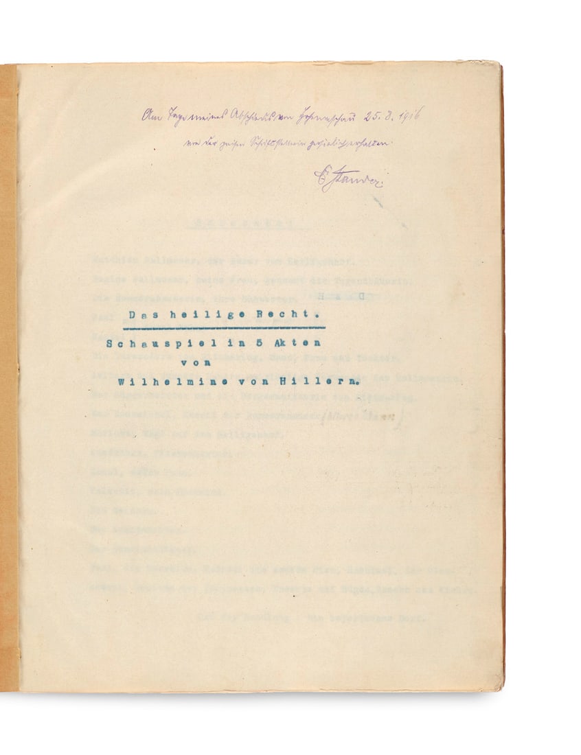 Hillern, Wilhelmine v. Das heilige Recht. Schauspiel in 5 Akten. Typoskript mit hs. Anmerkungen. (1 of 2)