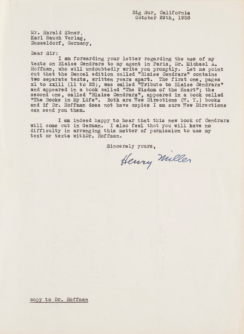 Miller, Henry Maschinenschriftlicher Brief mit eigenhändiger Unterschrift an Harald Ebner, (1 of 1)