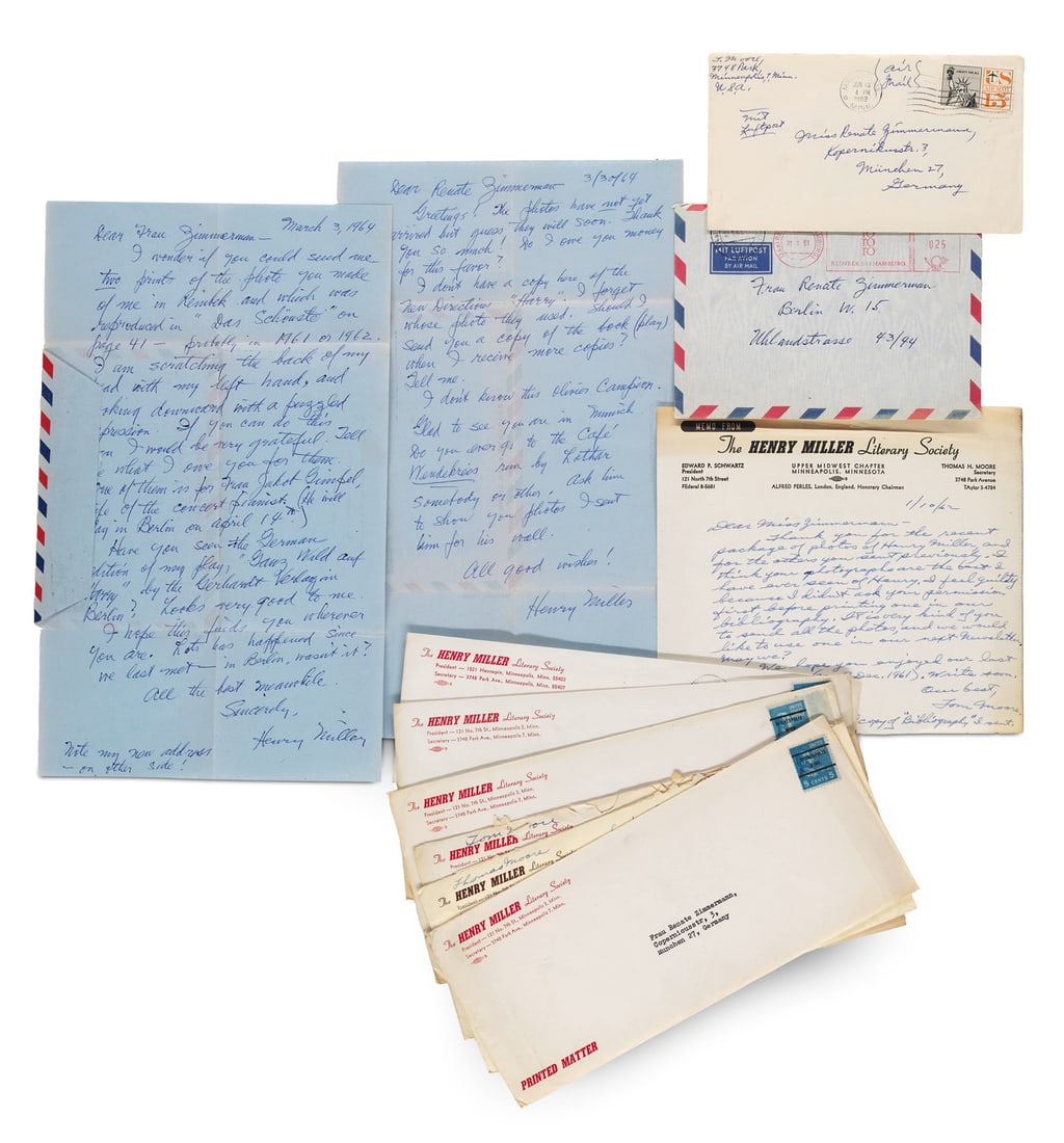 Miller, Henry Sammlung von 3 eigenhändigen Briefen mit Unterschrift an die Photographin Renate: Miller, HenrySammlung von 3 eigenhändigen Briefen mit Unterschrift an die Photographin Renate Zimmermann (*1934) in Berlin und München. Reinbek, 12. Jan. 1961 (mit in Dtl. gelaufenem Luftpos