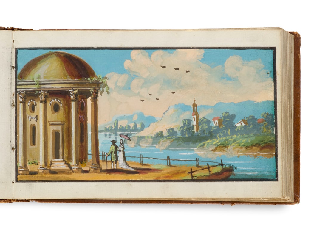 Stammbuch mit 13 Einträgen, 8 aquarellierten Zeichnungen u. 2 kol. Kupferstichen sowie 2: Liber amicorum - Berlin Stammbuch mit 13 Einträgen, 8 aquarellierten Zeichnungen u. 2 kol. Kupferstichen sowie 2 Gouachen. Berlin, 1807-1808. Quer-8°. Ldr. d. Zt. mit dreis. Goldschnitt, RVe
